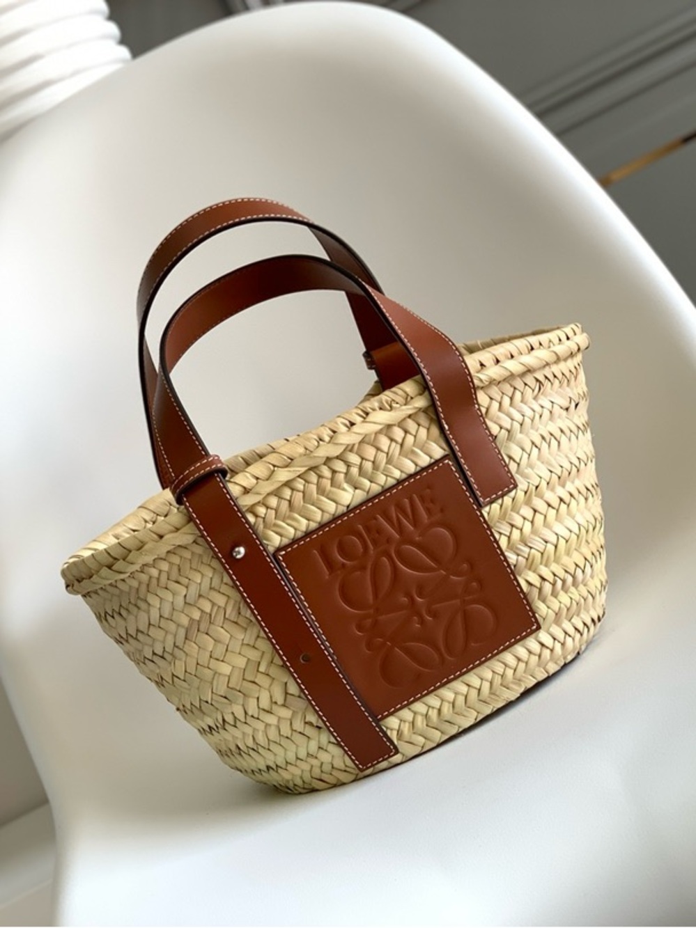 Loewe Natural Straw Tote with Brown Leather Trim and Logo Patch